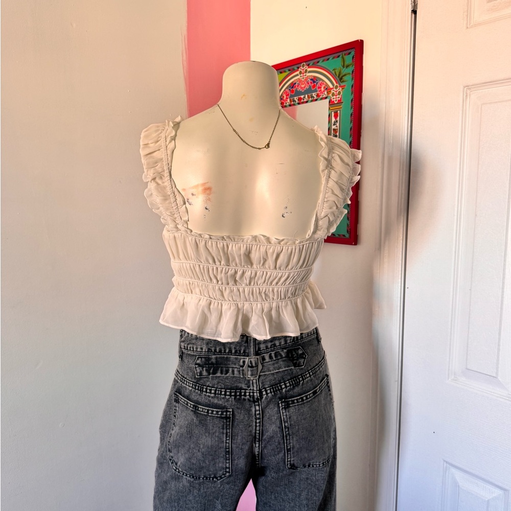 Cream Ruffled & Ruched Crop Top - Picture 4 of 6